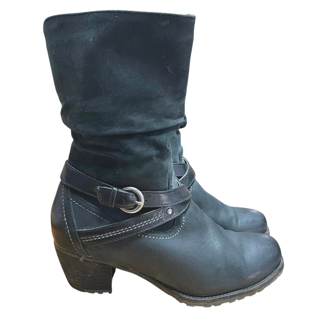 Blondo Black Leather Heeled Boots Size 7 1/2 Mid Calf Waterproof Moto Flaws